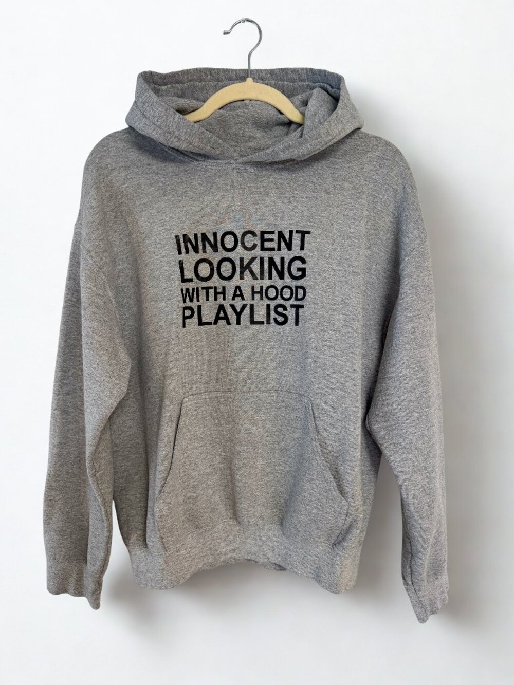 Gray Graphic Hoodie Sweatshirt - Innocent Looking With A Hood Playlist